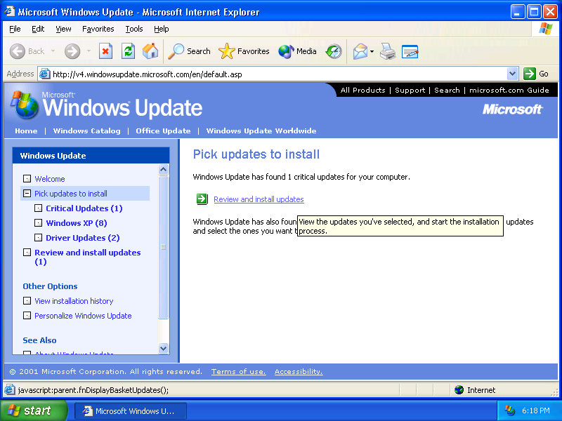 XP Windows Update screen 1